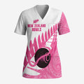 New Zealand Lawn Bowls Breast Cancer Custom Scrub Top Aotearoa Maori Silver Fern Pink Ribbon - Aussie Hoodie
