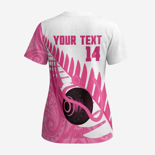 New Zealand Lawn Bowls Breast Cancer Custom Scrub Top Aotearoa Maori Silver Fern Pink Ribbon - Aussie Hoodie