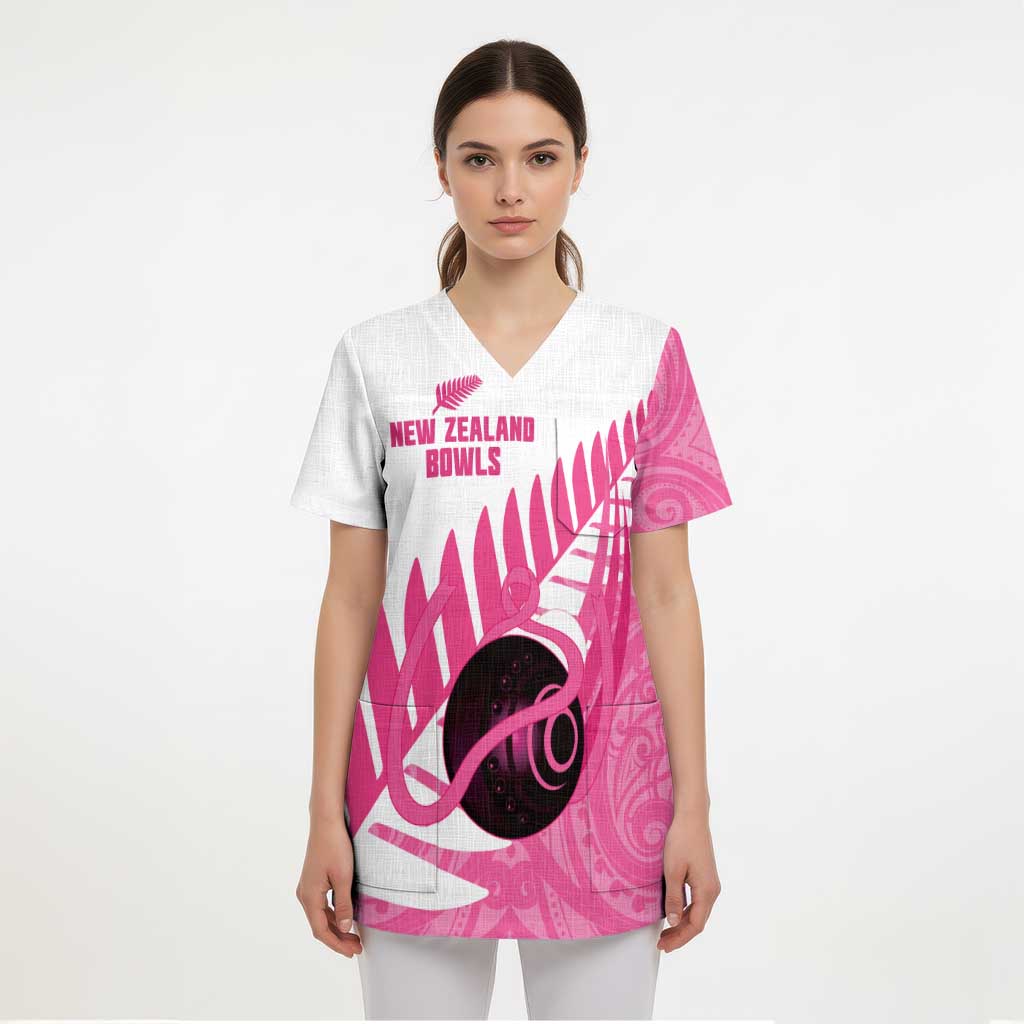 New Zealand Lawn Bowls Breast Cancer Custom Scrub Top Aotearoa Maori Silver Fern Pink Ribbon - Aussie Hoodie