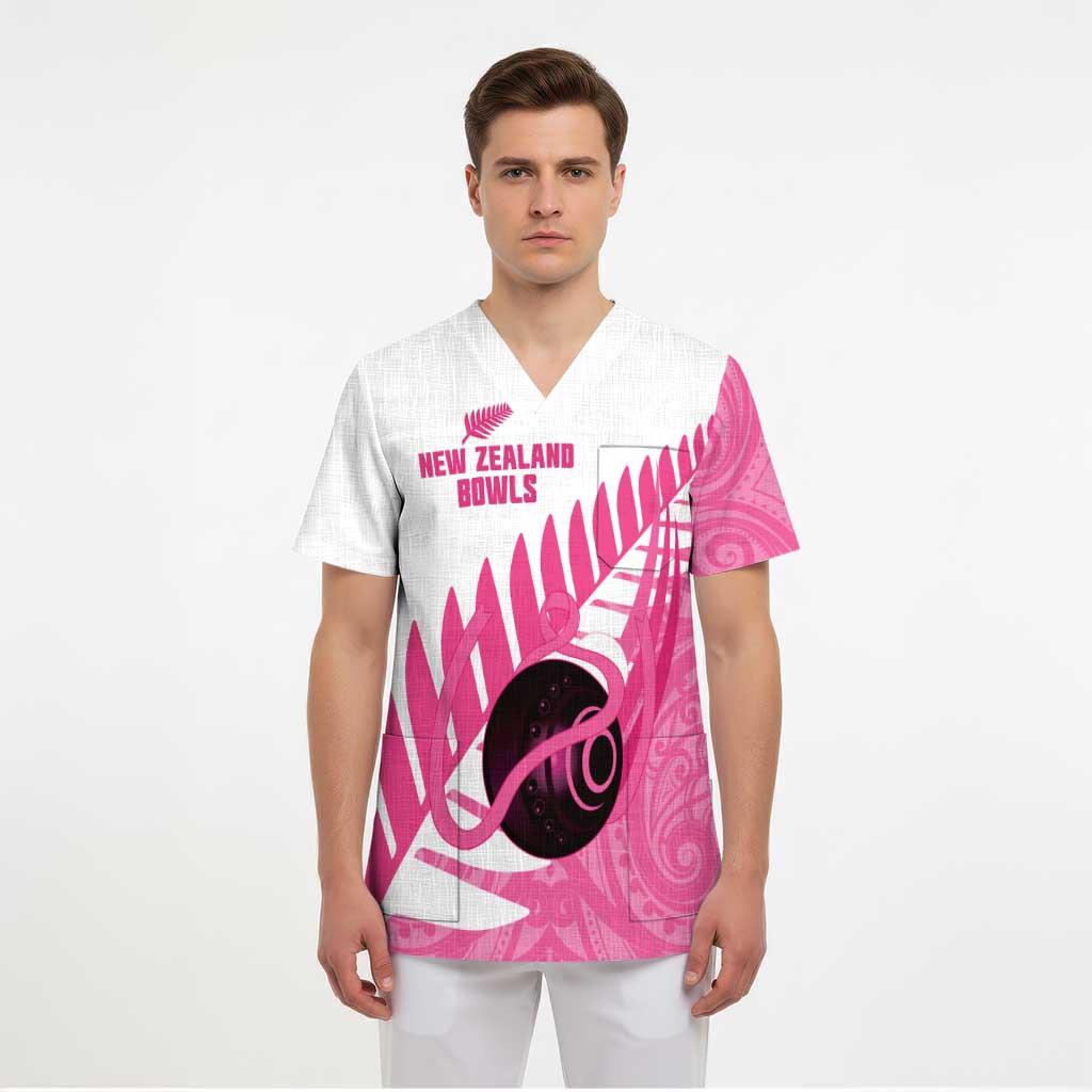 New Zealand Lawn Bowls Breast Cancer Custom Scrub Top Aotearoa Maori Silver Fern Pink Ribbon - Aussie Hoodie