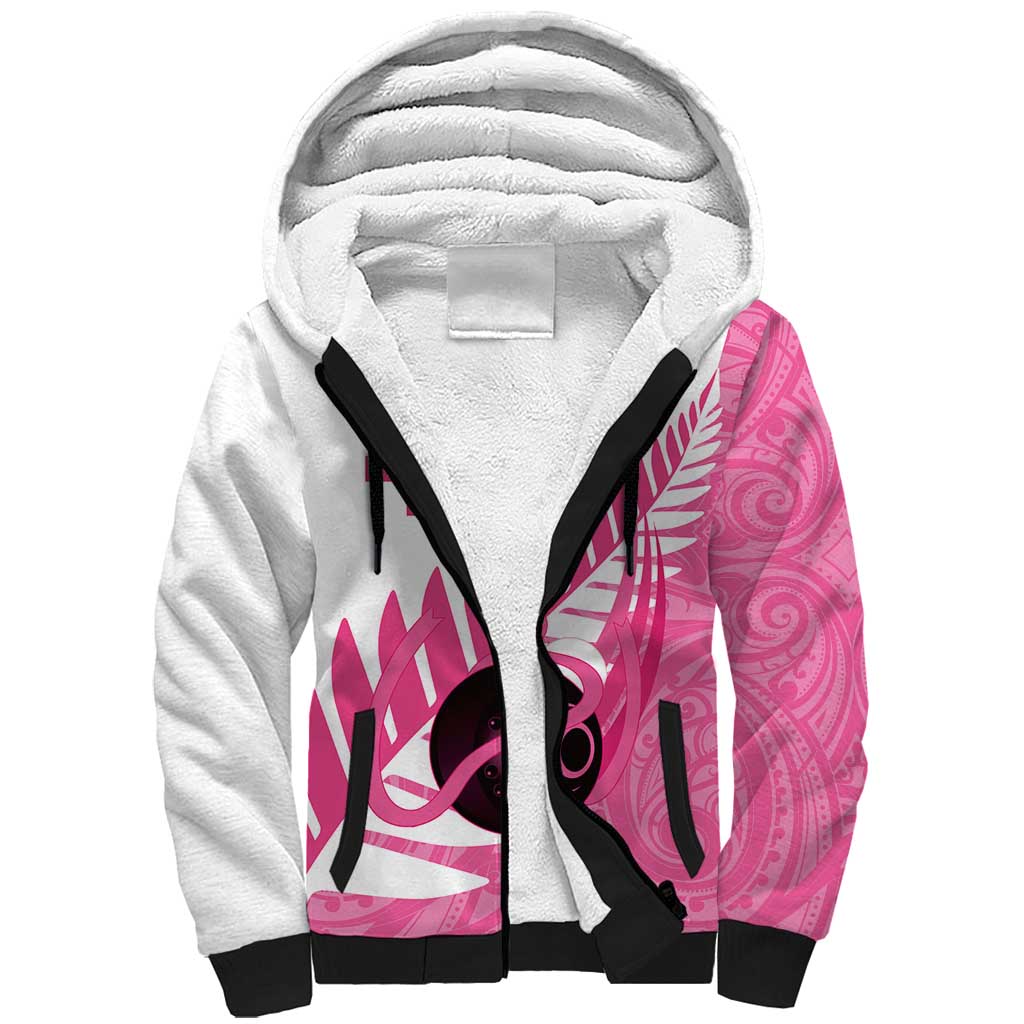New Zealand Lawn Bowls Breast Cancer Custom Sherpa Hoodie Aotearoa Maori Silver Fern Pink Ribbon - Aussie Hoodie