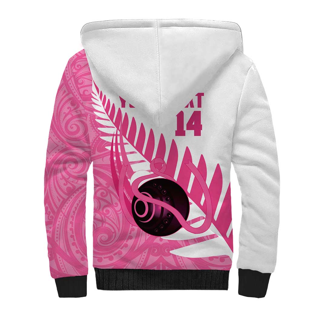 New Zealand Lawn Bowls Breast Cancer Custom Sherpa Hoodie Aotearoa Maori Silver Fern Pink Ribbon - Aussie Hoodie
