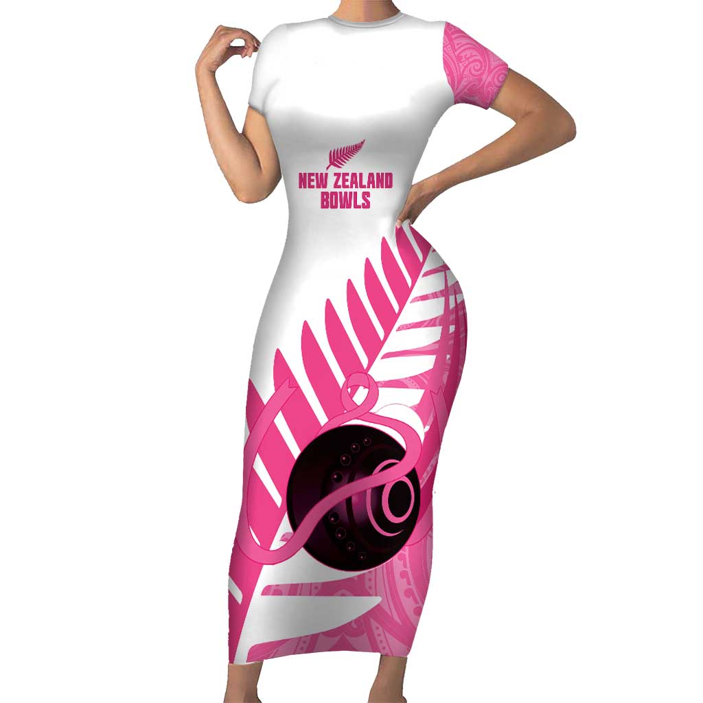 New Zealand Lawn Bowls Breast Cancer Custom Short Sleeve Bodycon Dress Aotearoa Maori Silver Fern Pink Ribbon - Aussie Hoodie