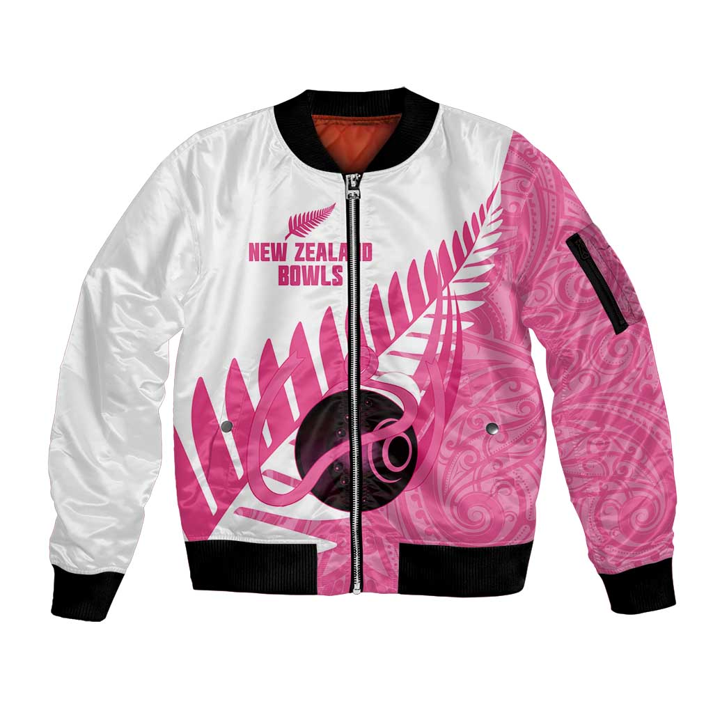 New Zealand Lawn Bowls Breast Cancer Custom Sleeve Zip Bomber Jacket Aotearoa Maori Silver Fern Pink Ribbon - Aussie Hoodie