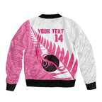 New Zealand Lawn Bowls Breast Cancer Custom Sleeve Zip Bomber Jacket Aotearoa Maori Silver Fern Pink Ribbon - Aussie Hoodie