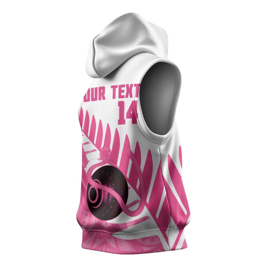 New Zealand Lawn Bowls Breast Cancer Custom Sleeveless Hoodie Aotearoa Maori Silver Fern Pink Ribbon - Aussie Hoodie