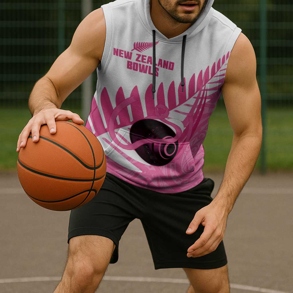 New Zealand Lawn Bowls Breast Cancer Custom Sleeveless Hoodie Aotearoa Maori Silver Fern Pink Ribbon - Aussie Hoodie