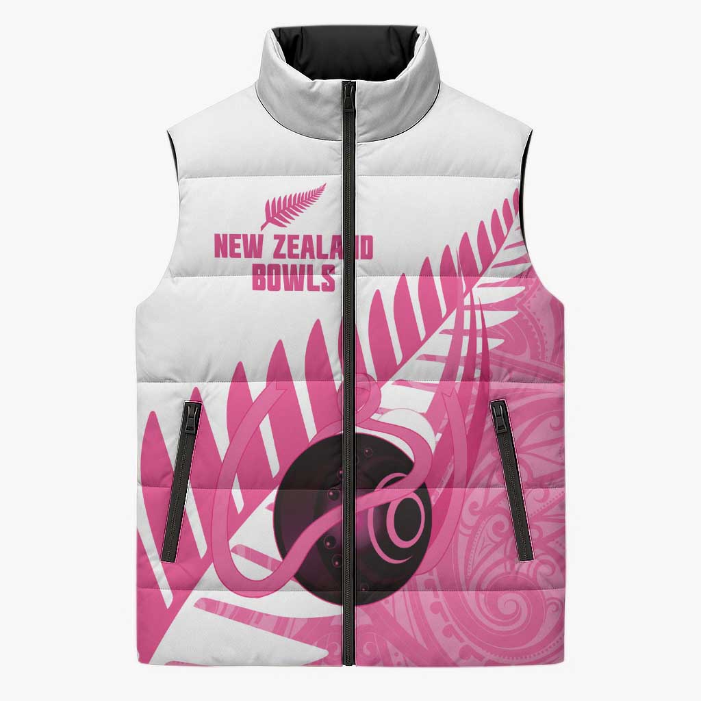 New Zealand Lawn Bowls Breast Cancer Custom Sleeveless Puffer Jacket Aotearoa Maori Silver Fern Pink Ribbon - Aussie Hoodie