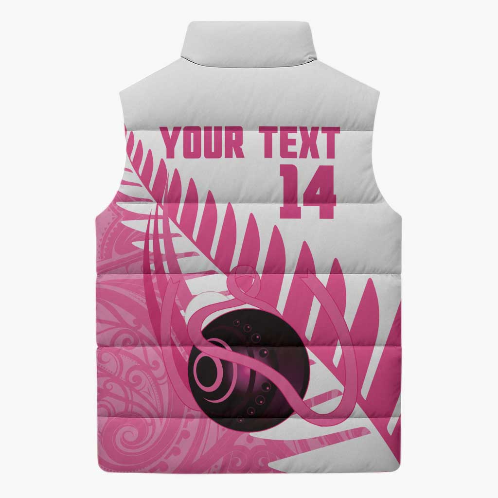 New Zealand Lawn Bowls Breast Cancer Custom Sleeveless Puffer Jacket Aotearoa Maori Silver Fern Pink Ribbon - Aussie Hoodie