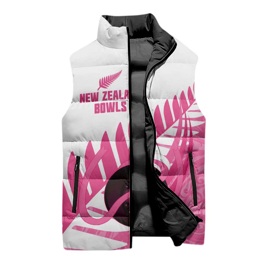 New Zealand Lawn Bowls Breast Cancer Custom Sleeveless Puffer Jacket Aotearoa Maori Silver Fern Pink Ribbon - Aussie Hoodie
