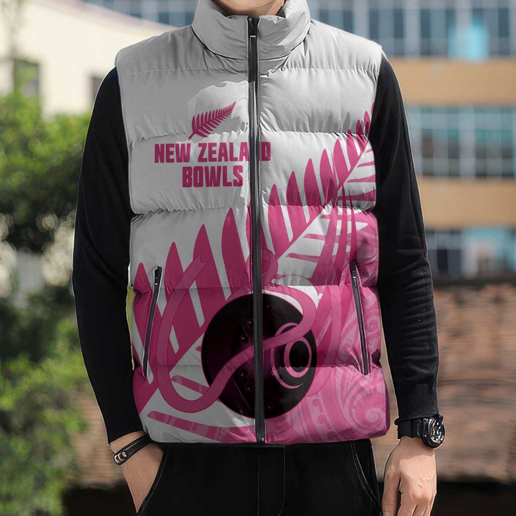 New Zealand Lawn Bowls Breast Cancer Custom Sleeveless Puffer Jacket Aotearoa Maori Silver Fern Pink Ribbon - Aussie Hoodie