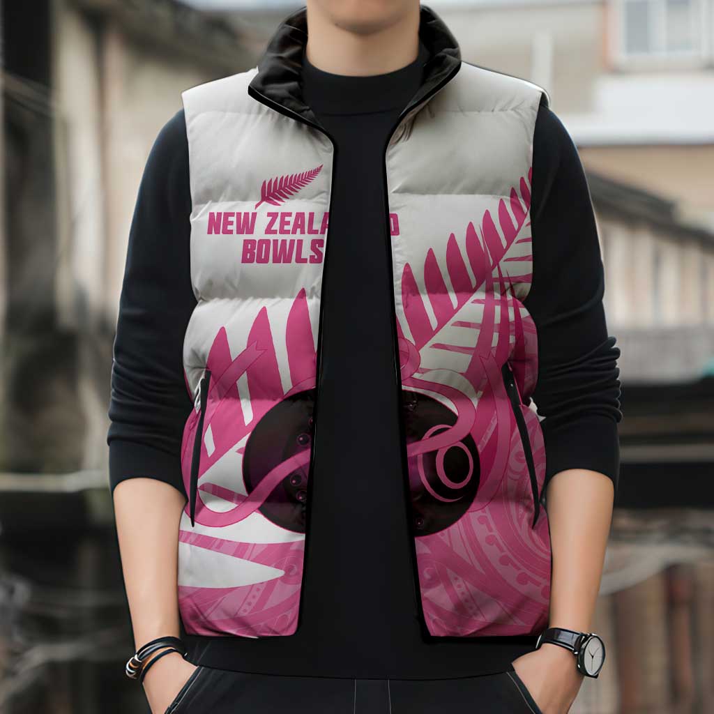 New Zealand Lawn Bowls Breast Cancer Custom Sleeveless Puffer Jacket Aotearoa Maori Silver Fern Pink Ribbon - Aussie Hoodie