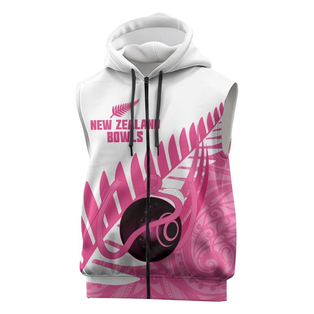 New Zealand Lawn Bowls Breast Cancer Custom Sleeveless Zip Hoodie Aotearoa Maori Silver Fern Pink Ribbon LT14