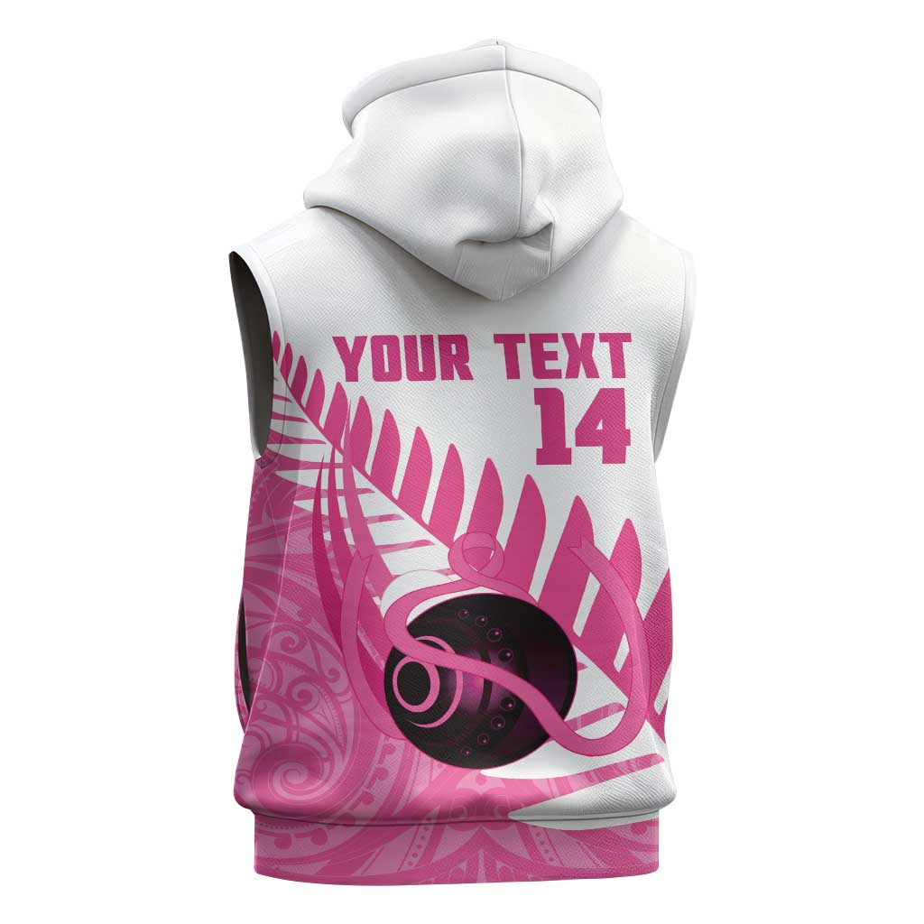 New Zealand Lawn Bowls Breast Cancer Custom Sleeveless Zip Hoodie Aotearoa Maori Silver Fern Pink Ribbon - Aussie Hoodie