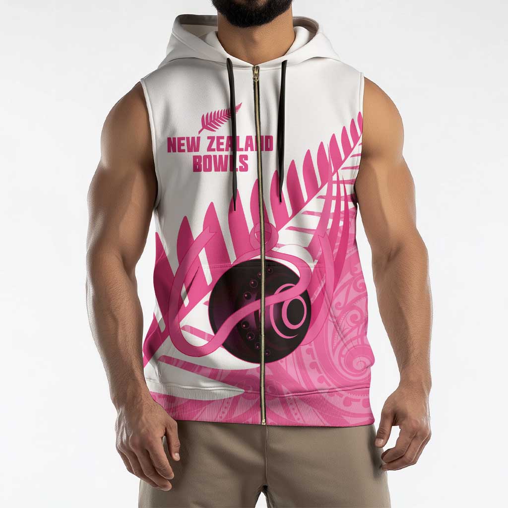 New Zealand Lawn Bowls Breast Cancer Custom Sleeveless Zip Hoodie Aotearoa Maori Silver Fern Pink Ribbon - Aussie Hoodie