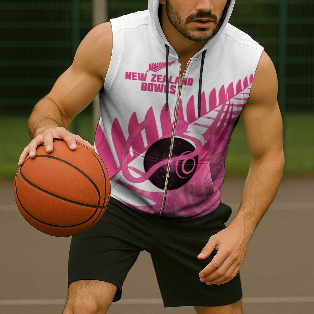 New Zealand Lawn Bowls Breast Cancer Custom Sleeveless Zip Hoodie Aotearoa Maori Silver Fern Pink Ribbon - Aussie Hoodie