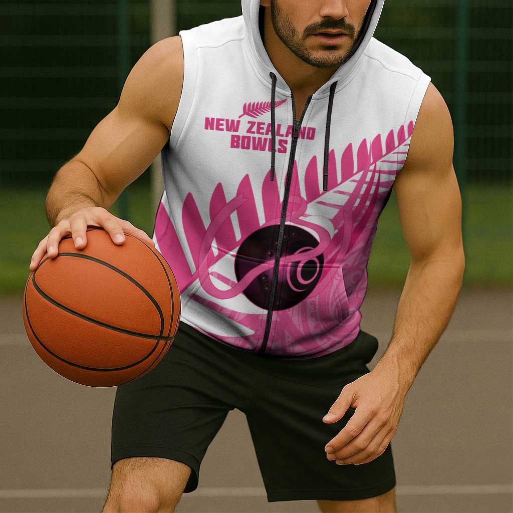 New Zealand Lawn Bowls Breast Cancer Custom Sleeveless Zip Hoodie Aotearoa Maori Silver Fern Pink Ribbon LT14