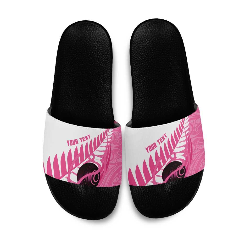 New Zealand Lawn Bowls Breast Cancer Custom Slide Sandals Aotearoa Maori Silver Fern Pink Ribbon - Aussie Hoodie
