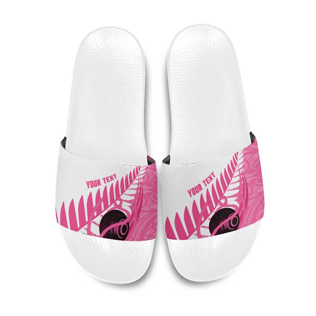 New Zealand Lawn Bowls Breast Cancer Custom Slide Sandals Aotearoa Maori Silver Fern Pink Ribbon - Aussie Hoodie