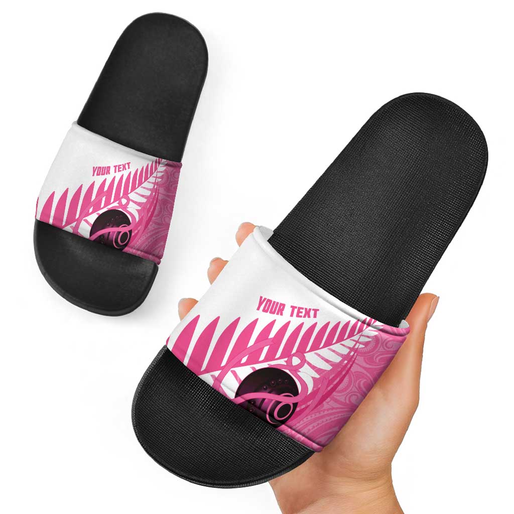 New Zealand Lawn Bowls Breast Cancer Custom Slide Sandals Aotearoa Maori Silver Fern Pink Ribbon - Aussie Hoodie