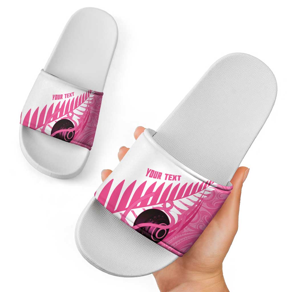 New Zealand Lawn Bowls Breast Cancer Custom Slide Sandals Aotearoa Maori Silver Fern Pink Ribbon - Aussie Hoodie