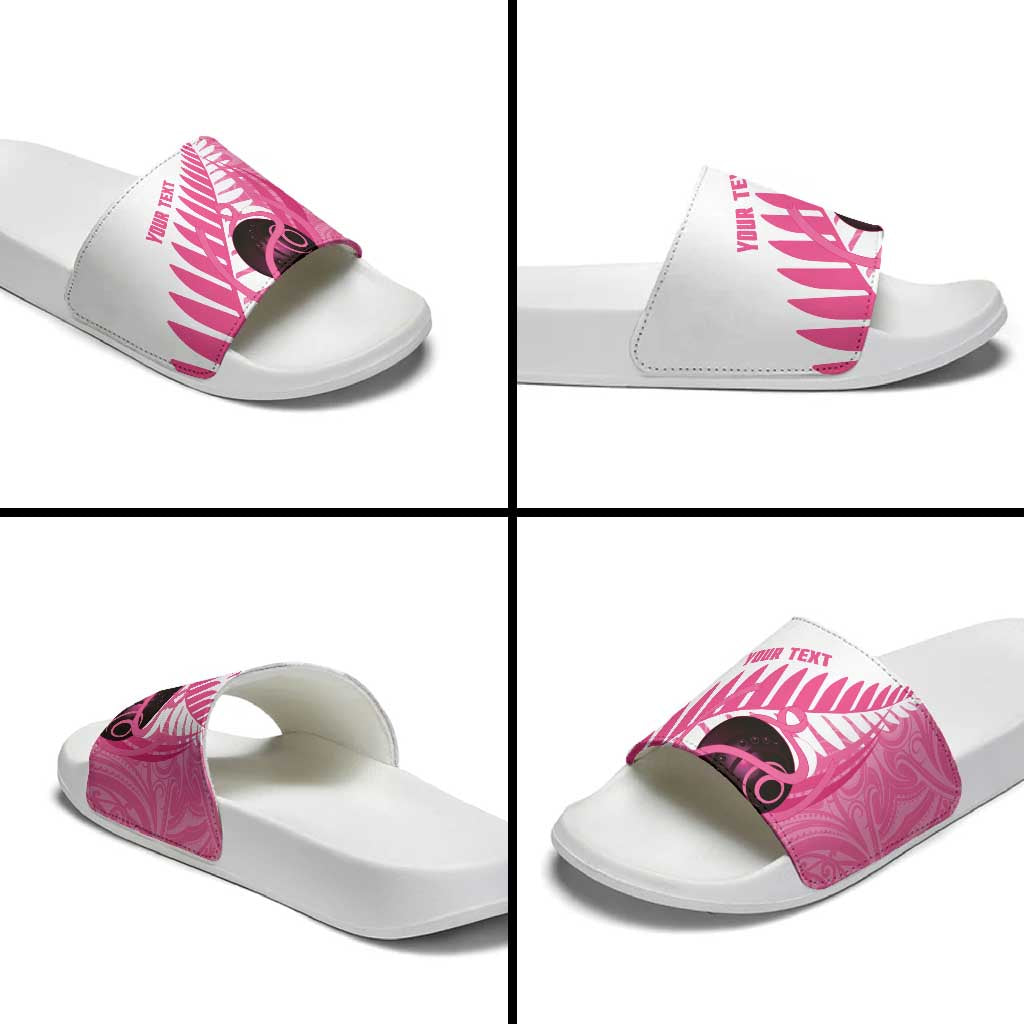 New Zealand Lawn Bowls Breast Cancer Custom Slide Sandals Aotearoa Maori Silver Fern Pink Ribbon - Aussie Hoodie