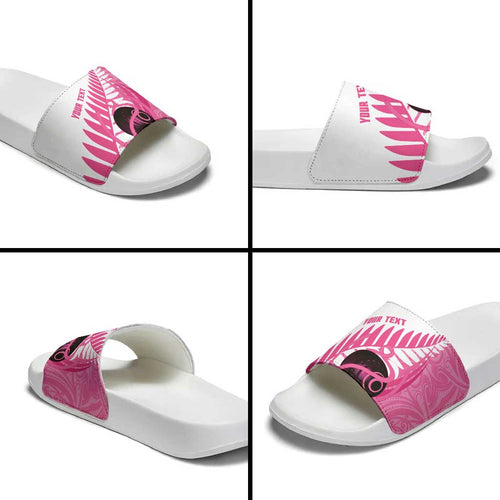 New Zealand Lawn Bowls Breast Cancer Custom Slide Sandals Aotearoa Maori Silver Fern Pink Ribbon - Aussie Hoodie