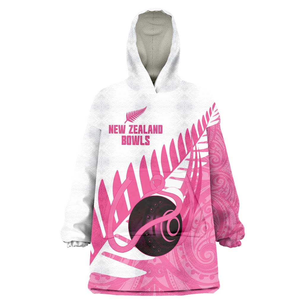New Zealand Lawn Bowls Breast Cancer Custom Wearable Blanket Hoodie Aotearoa Maori Silver Fern Pink Ribbon - Aussie Hoodie