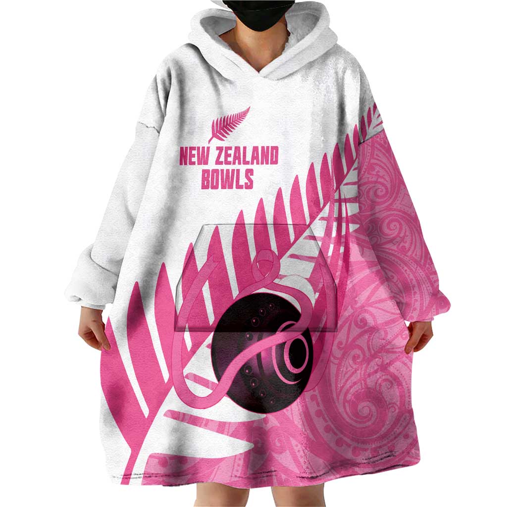 New Zealand Lawn Bowls Breast Cancer Custom Wearable Blanket Hoodie Aotearoa Maori Silver Fern Pink Ribbon - Aussie Hoodie