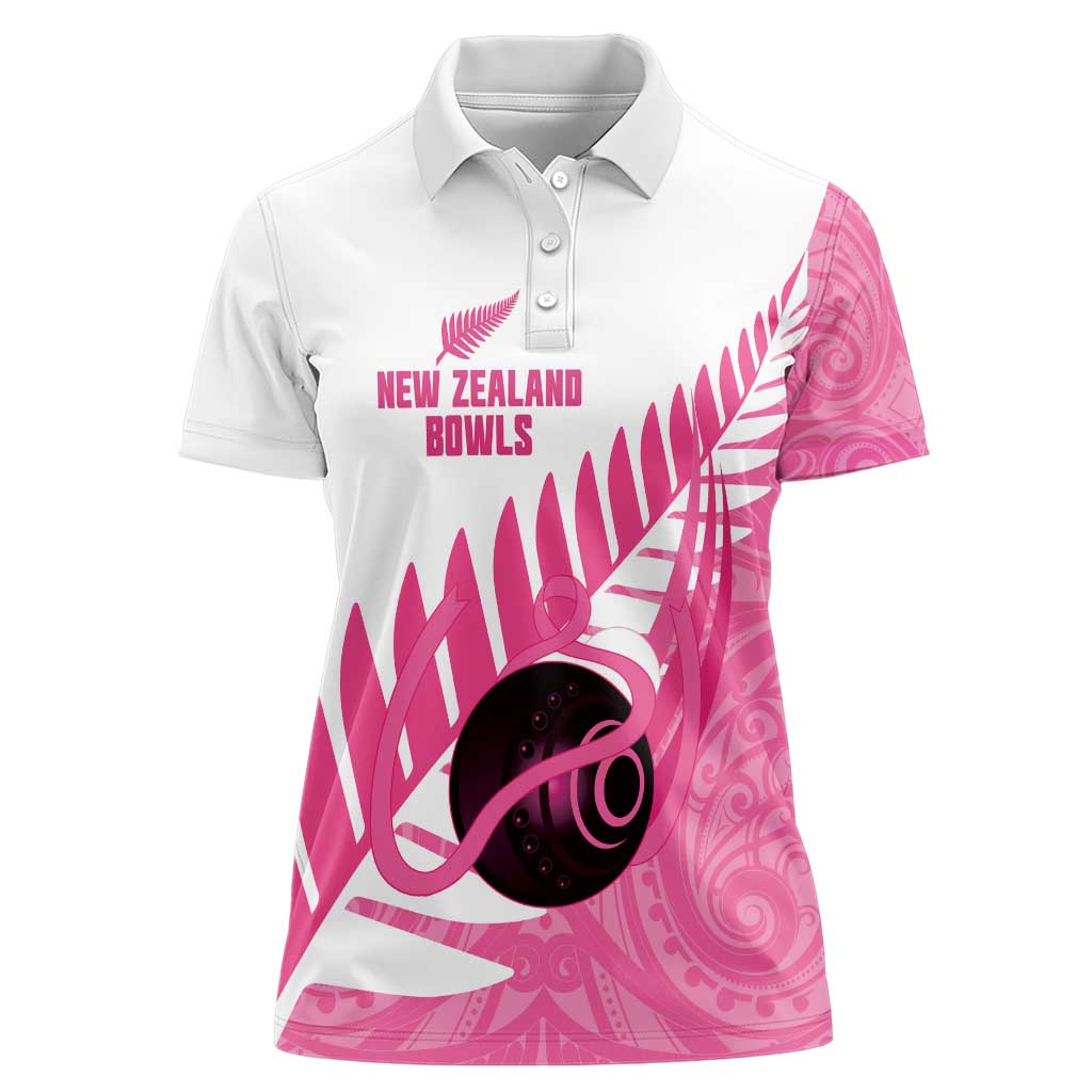 New Zealand Lawn Bowls Breast Cancer Custom Women Polo Shirt Aotearoa Maori Silver Fern Pink Ribbon - Aussie Hoodie
