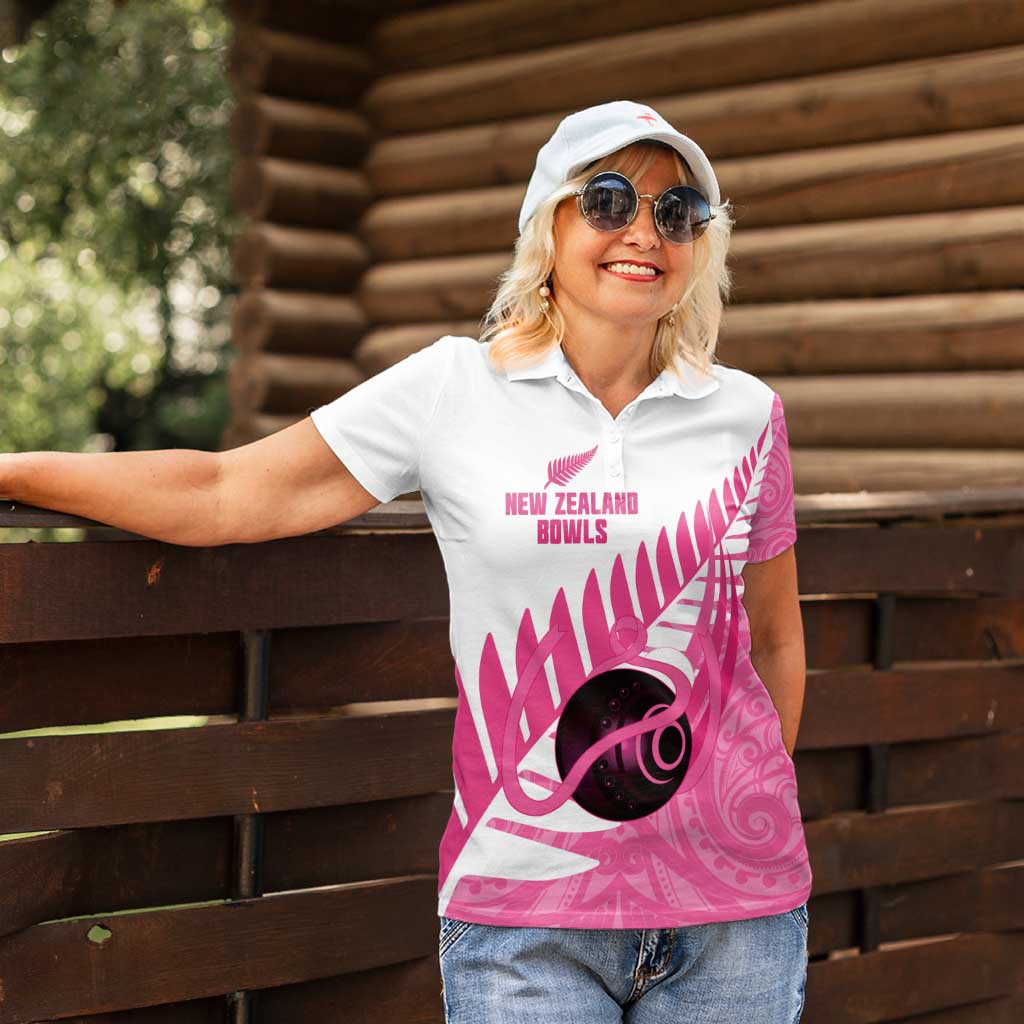 New Zealand Lawn Bowls Breast Cancer Custom Women Polo Shirt Aotearoa Maori Silver Fern Pink Ribbon - Aussie Hoodie