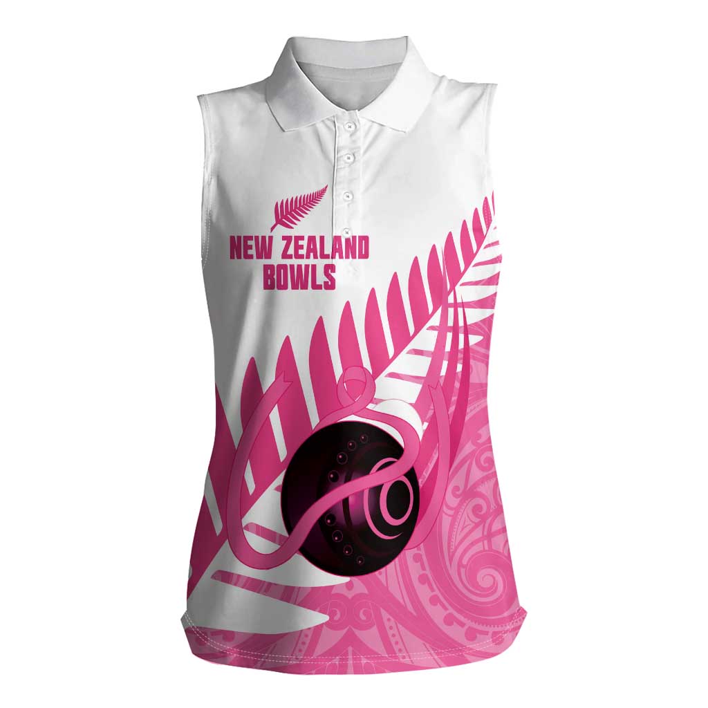New Zealand Lawn Bowls Breast Cancer Custom Women Sleeveless Polo Shirt Aotearoa Maori Silver Fern Pink Ribbon - Aussie Hoodie
