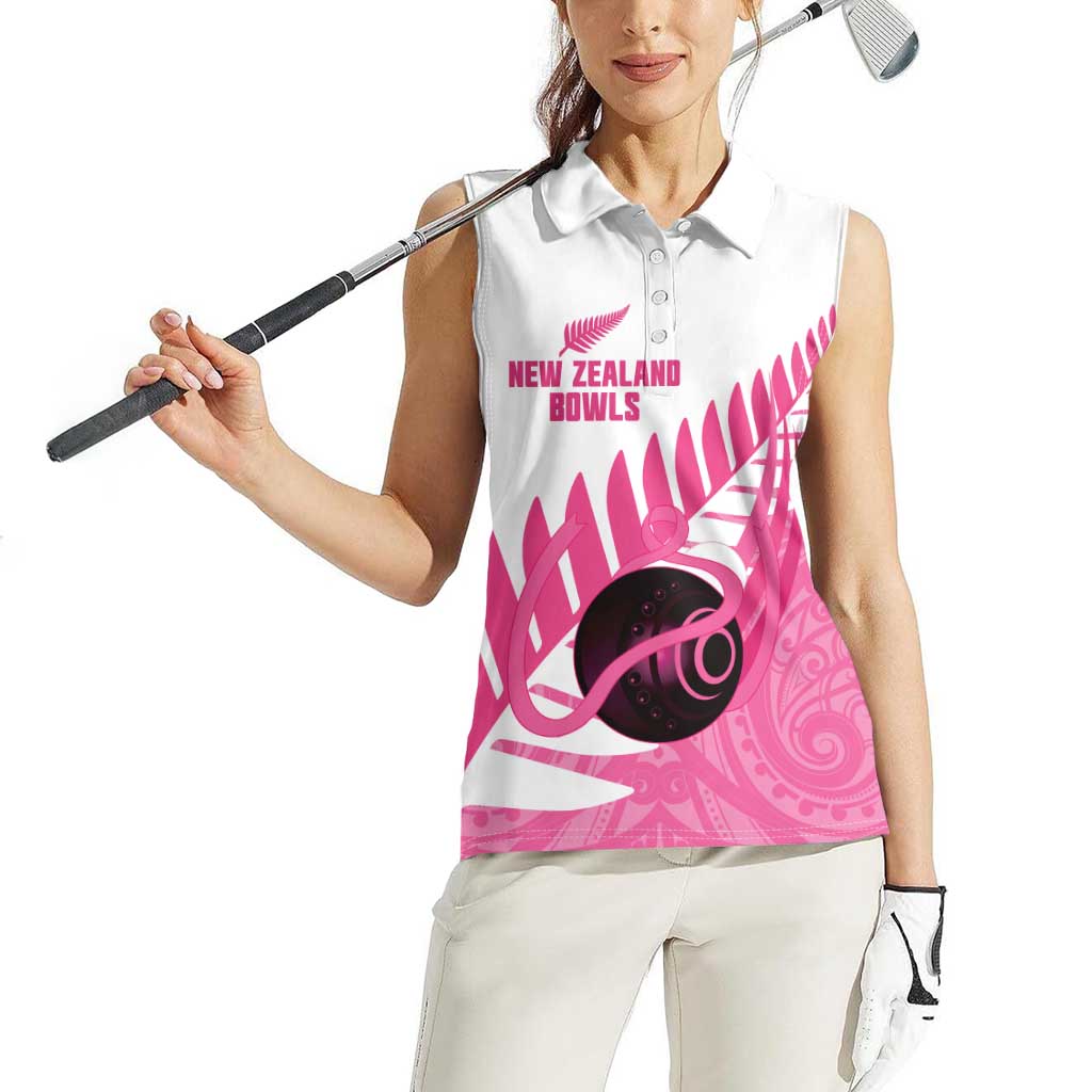 New Zealand Lawn Bowls Breast Cancer Custom Women Sleeveless Polo Shirt Aotearoa Maori Silver Fern Pink Ribbon - Aussie Hoodie