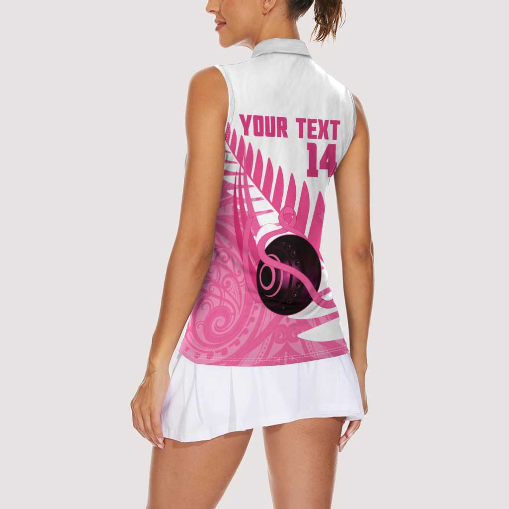 New Zealand Lawn Bowls Breast Cancer Custom Women Sleeveless Polo Shirt Aotearoa Maori Silver Fern Pink Ribbon - Aussie Hoodie