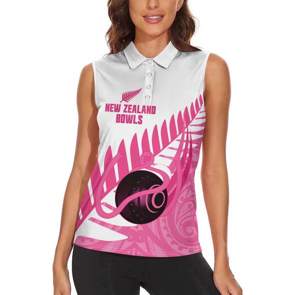 New Zealand Lawn Bowls Breast Cancer Custom Women Sleeveless Polo Shirt Aotearoa Maori Silver Fern Pink Ribbon - Aussie Hoodie