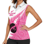 New Zealand Lawn Bowls Breast Cancer Custom Women Sleeveless Polo Shirt Aotearoa Maori Silver Fern Pink Ribbon - Aussie Hoodie