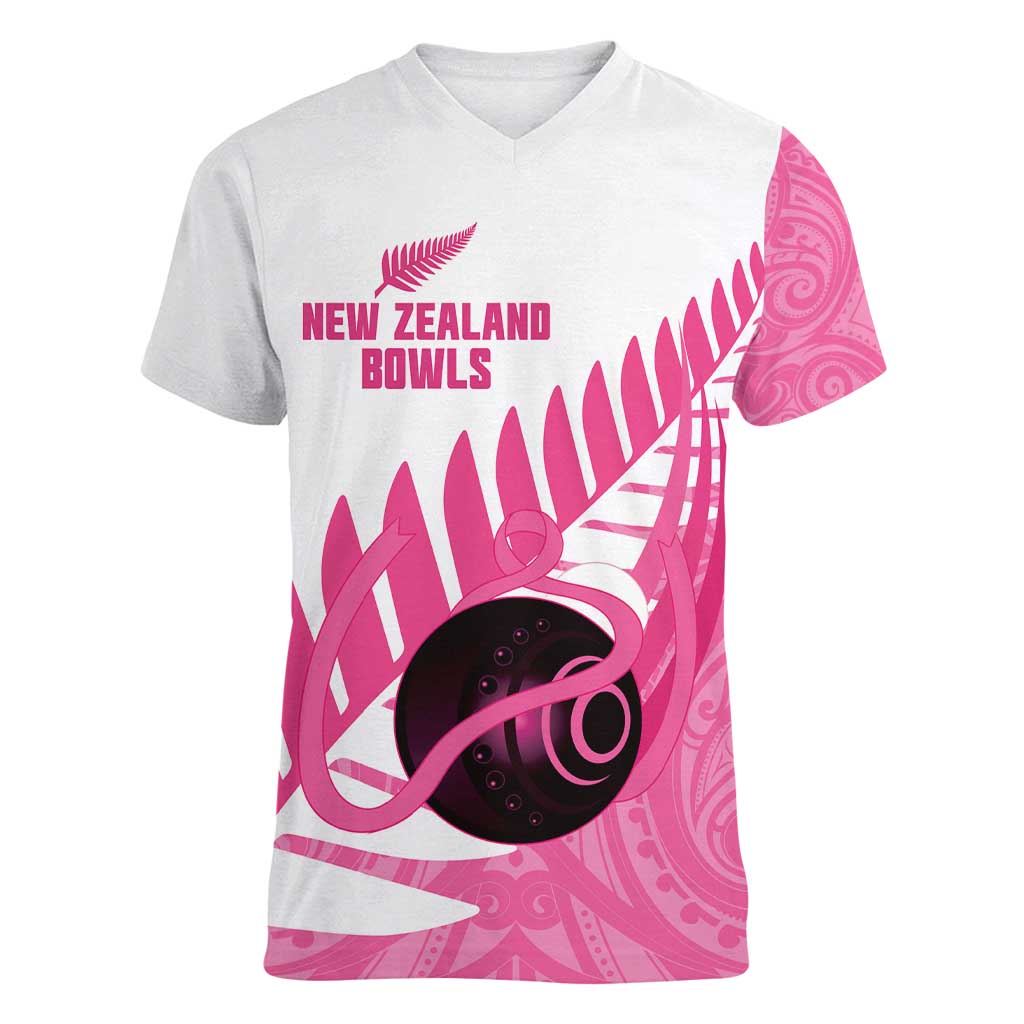New Zealand Lawn Bowls Breast Cancer Custom Women V-Neck T-Shirt Aotearoa Maori Silver Fern Pink Ribbon - Aussie Hoodie