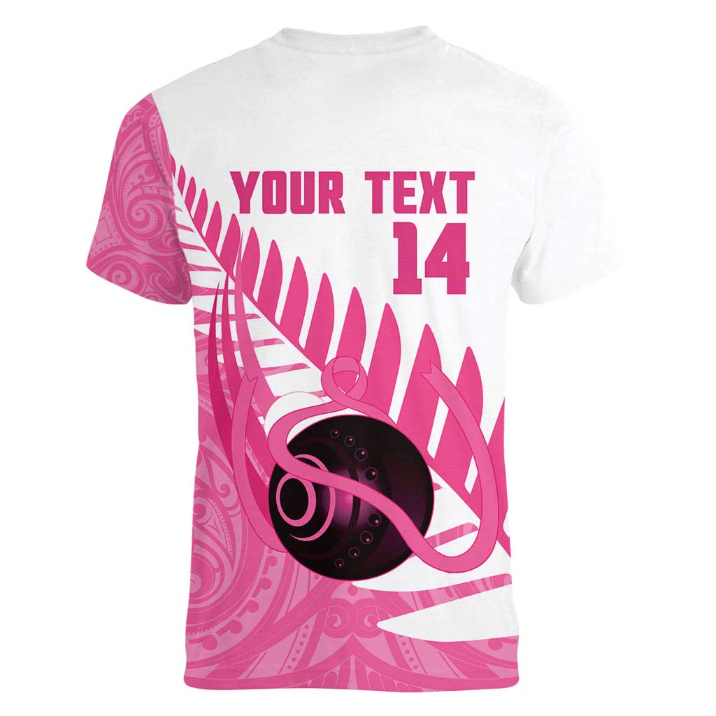 New Zealand Lawn Bowls Breast Cancer Custom Women V-Neck T-Shirt Aotearoa Maori Silver Fern Pink Ribbon - Aussie Hoodie