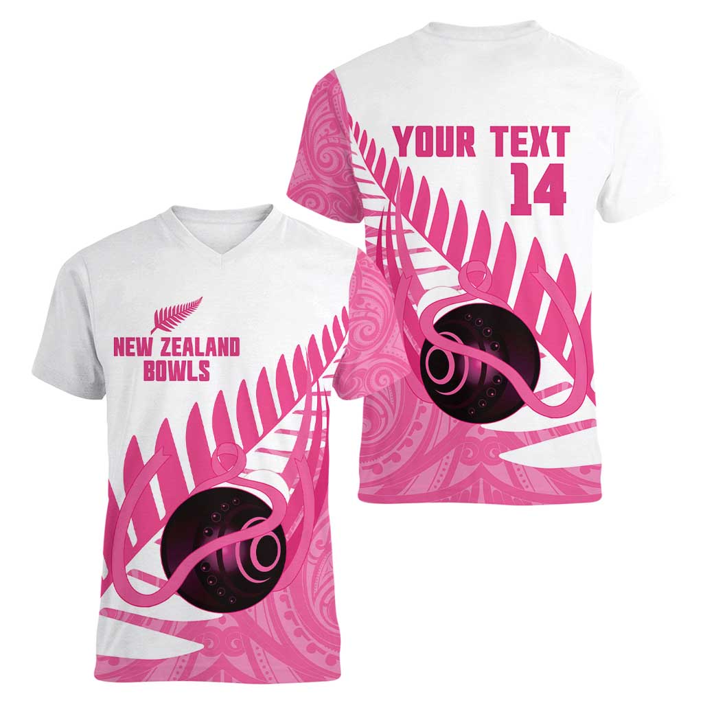 New Zealand Lawn Bowls Breast Cancer Custom Women V-Neck T-Shirt Aotearoa Maori Silver Fern Pink Ribbon - Aussie Hoodie