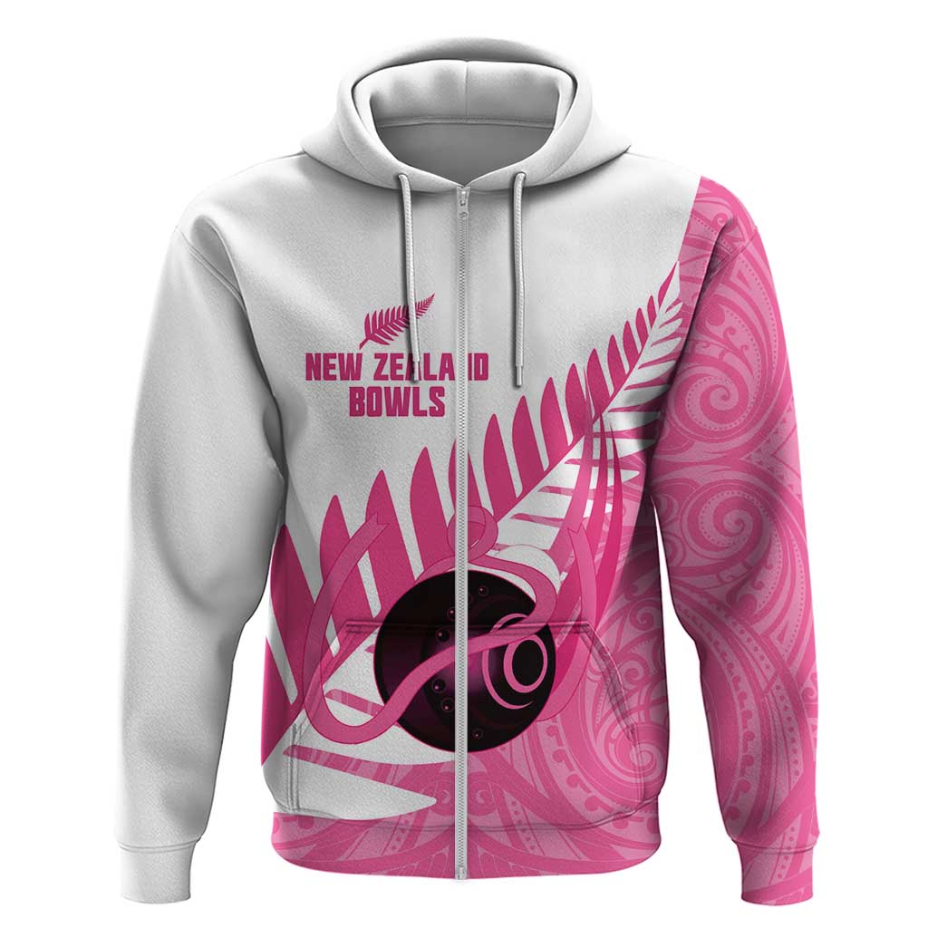 New Zealand Lawn Bowls Breast Cancer Custom Zip Hoodie Aotearoa Maori Silver Fern Pink Ribbon - Aussie Hoodie