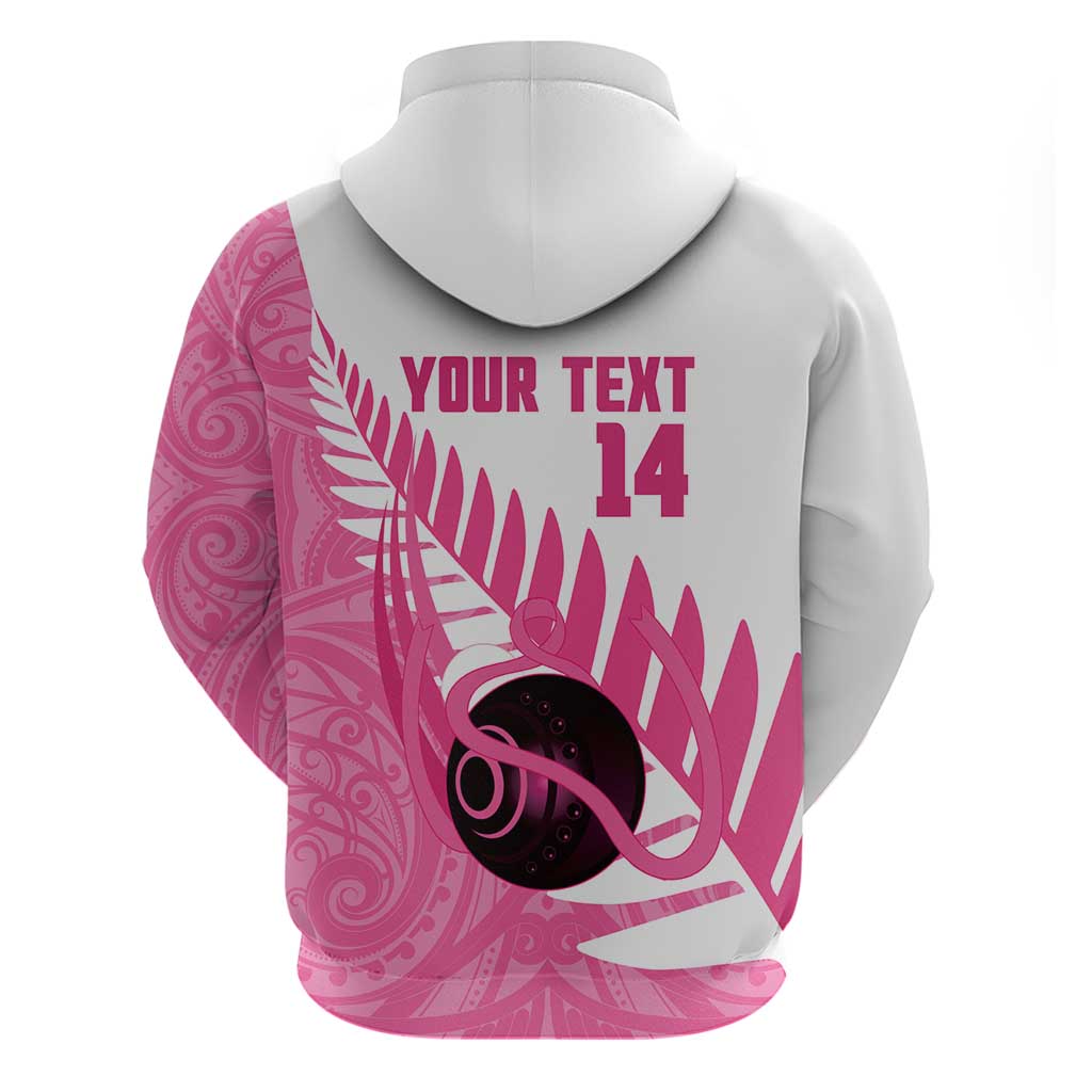 New Zealand Lawn Bowls Breast Cancer Custom Zip Hoodie Aotearoa Maori Silver Fern Pink Ribbon - Aussie Hoodie