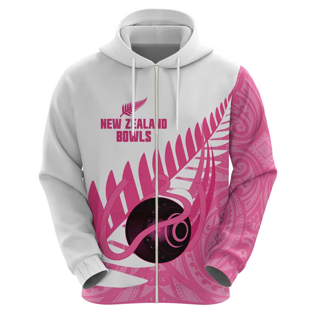New Zealand Lawn Bowls Breast Cancer Custom Zip Hoodie Aotearoa Maori Silver Fern Pink Ribbon - Aussie Hoodie