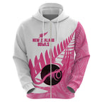 New Zealand Lawn Bowls Breast Cancer Custom Zip Hoodie Aotearoa Maori Silver Fern Pink Ribbon - Aussie Hoodie