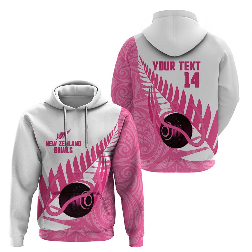 New Zealand Lawn Bowls Breast Cancer Custom Zip Hoodie Aotearoa Maori Silver Fern Pink Ribbon - Aussie Hoodie