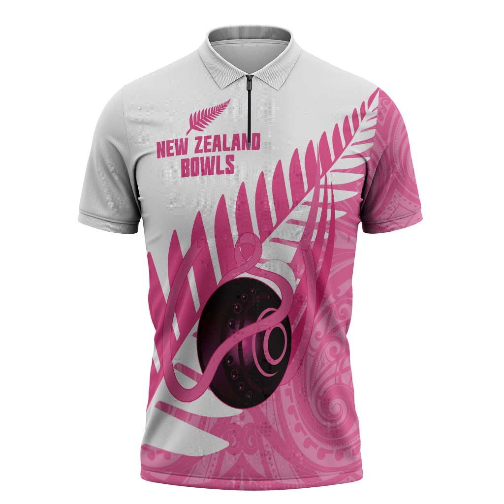 New Zealand Lawn Bowls Breast Cancer Custom Zipper Polo Shirt Aotearoa Maori Silver Fern Pink Ribbon - Aussie Hoodie