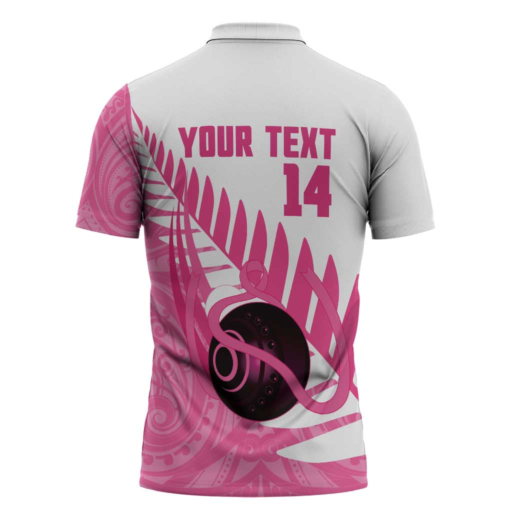 New Zealand Lawn Bowls Breast Cancer Custom Zipper Polo Shirt Aotearoa Maori Silver Fern Pink Ribbon - Aussie Hoodie