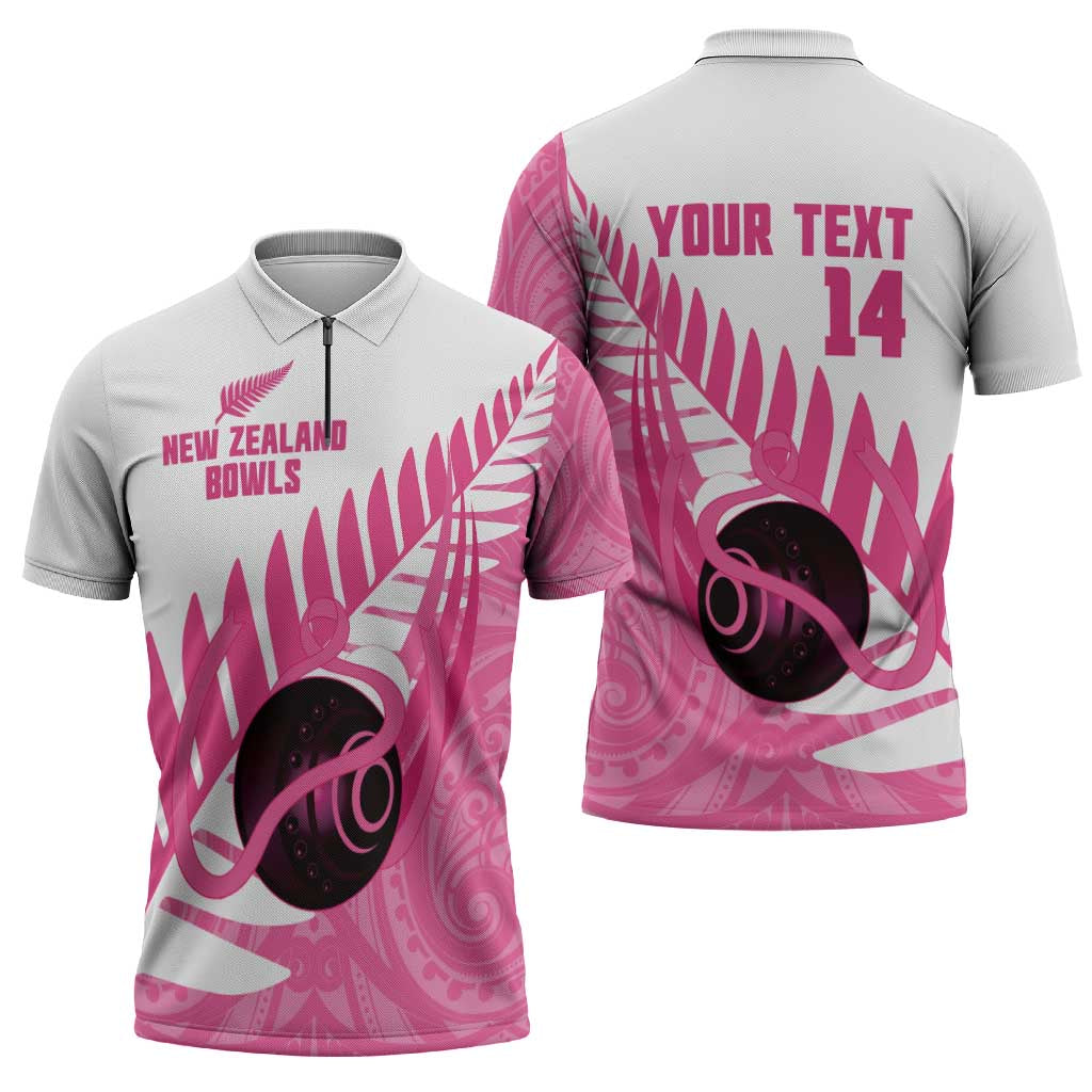 New Zealand Lawn Bowls Breast Cancer Custom Zipper Polo Shirt Aotearoa Maori Silver Fern Pink Ribbon - Aussie Hoodie