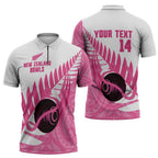 New Zealand Lawn Bowls Breast Cancer Custom Zipper Polo Shirt Aotearoa Maori Silver Fern Pink Ribbon - Aussie Hoodie