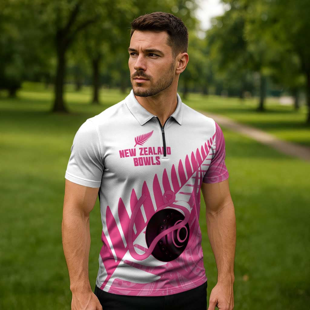 New Zealand Lawn Bowls Breast Cancer Custom Zipper Polo Shirt Aotearoa Maori Silver Fern Pink Ribbon - Aussie Hoodie