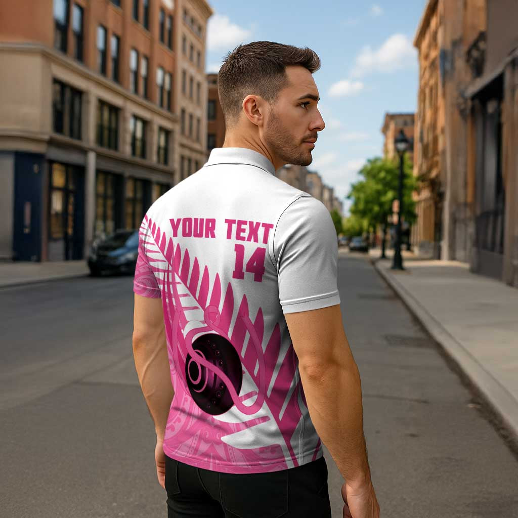 New Zealand Lawn Bowls Breast Cancer Custom Zipper Polo Shirt Aotearoa Maori Silver Fern Pink Ribbon - Aussie Hoodie